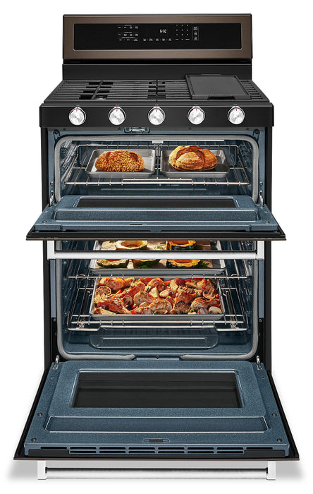 Cuisinière à gaz KitchenAid de 6 pi³ avec autonettoyage et four double - acier inoxydable noir avec fini PrintShieldMC - KFGD500EBS