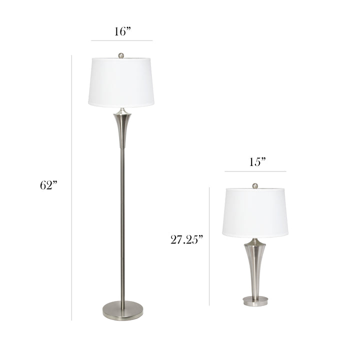 Ensemble 3 lampes effilées (2 lampes de table, 1 lampe à pied) Elegant Designs, nickel brossé