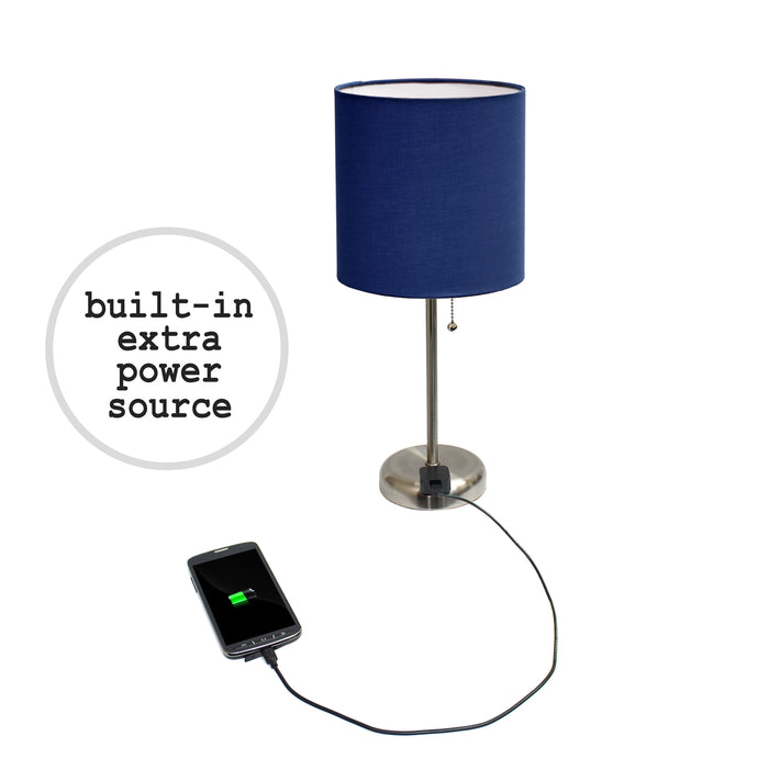 Ensemble 2 lampes Limelights bleu marine avec pied mince acier brossé et prise de recharge