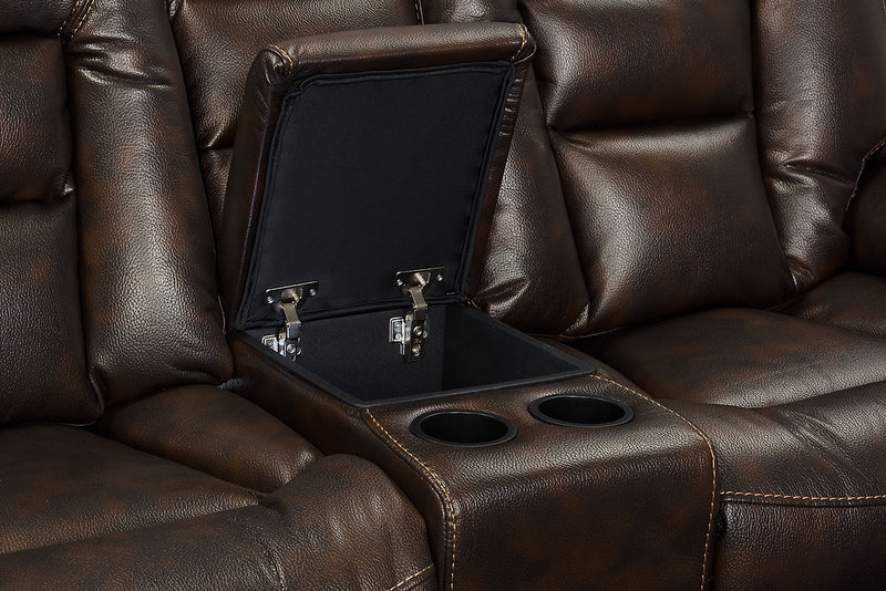 Sofa sectionnel à inclinaison électrique Leo 7 pièces en similicuir avec consoles de rangement et porte-gobelets - brun noyer