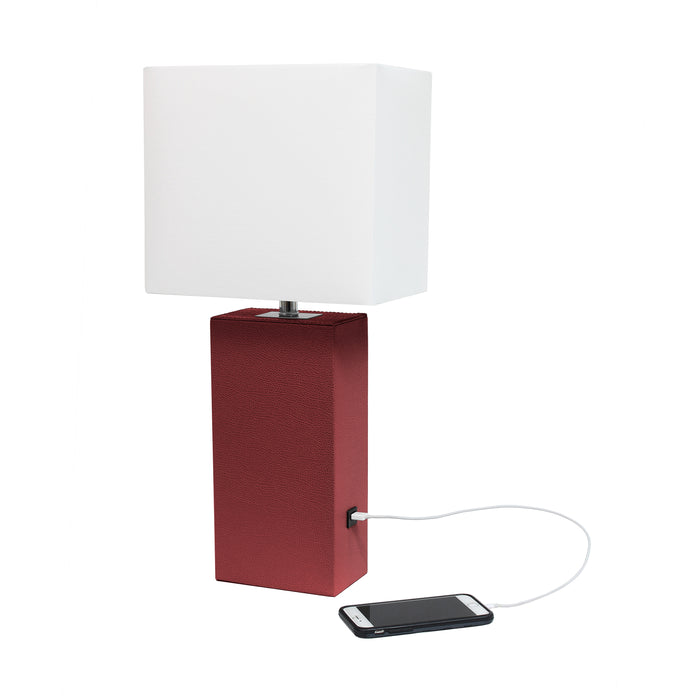 Lampe de table moderne Elegant Designs en cuir avec USB, rouge