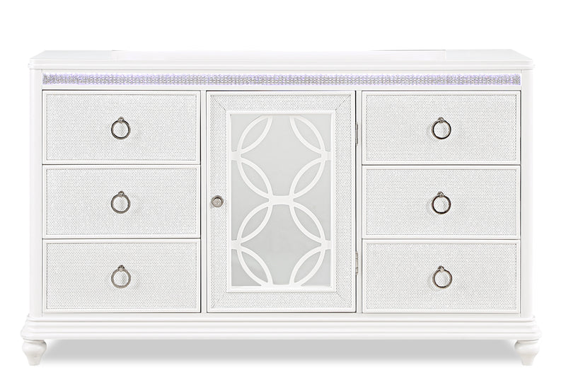 Commode somptueuse Ava de 67 po (L) x 39 po (H) à 7 tiroirs avec éclairage à DEL pour la chambre à coucher - blanche