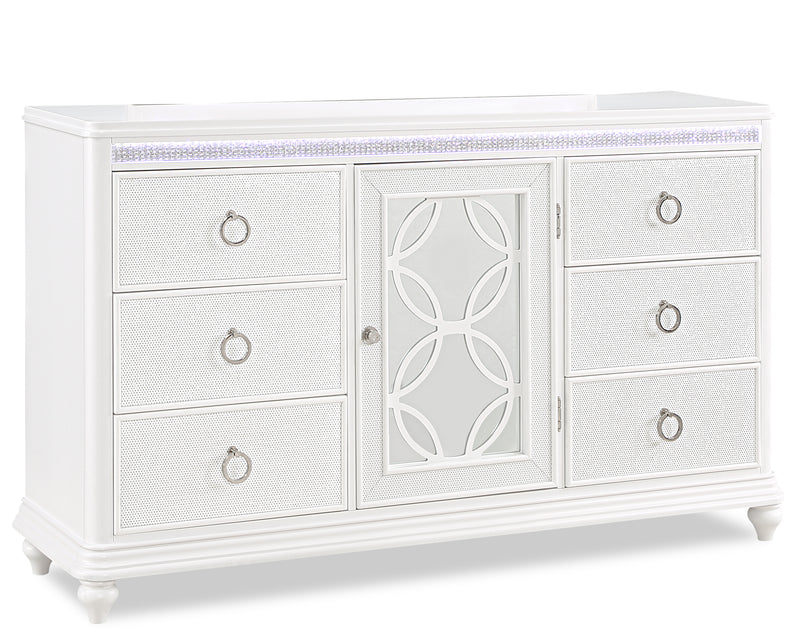Commode somptueuse Ava de 67 po (L) x 39 po (H) à 7 tiroirs avec éclairage à DEL pour la chambre à coucher - blanche