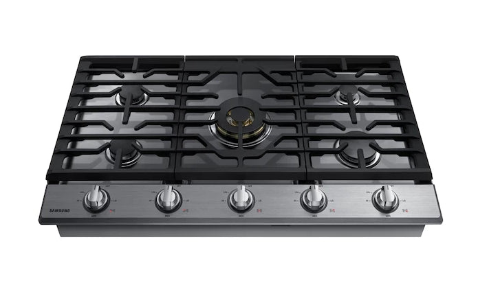 Surface de cuisson à gaz intelligente Samsung de 36 po à 5 brûleurs avec brûleur double puissant de 22 000 BTU, plaque chauffante et grille pour wok - acier inoxydable - NA36N7755TS/AA