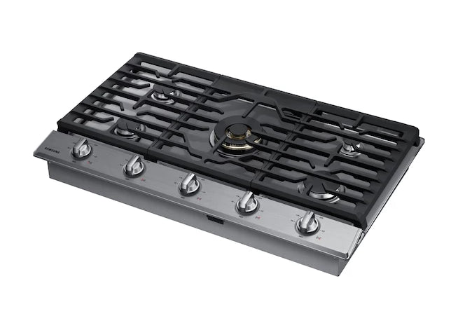 Surface de cuisson à gaz intelligente Samsung de 36 po à 5 brûleurs avec brûleur double puissant de 22 000 BTU, plaque chauffante et grille pour wok - acier inoxydable - NA36N7755TS/AA