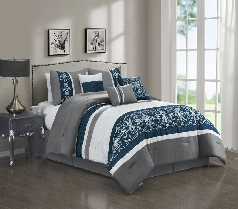 Ensemble d'édredon Ohio 7 pièces pour grand lit - bleu marine et gris