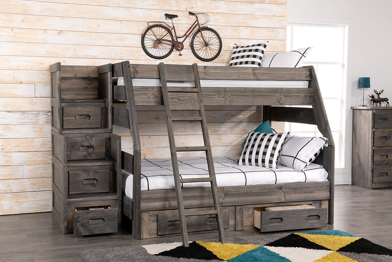 Lits superposés Piper en pin massif avec échelle pour enfants - gris bois de grève 
