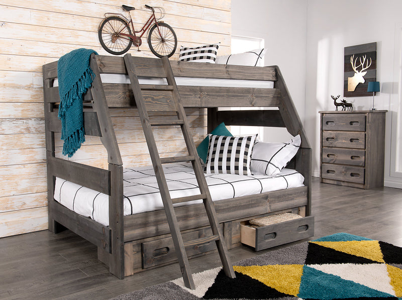 Lits superposés Piper en pin massif avec échelle pour enfants - gris bois de grève 
