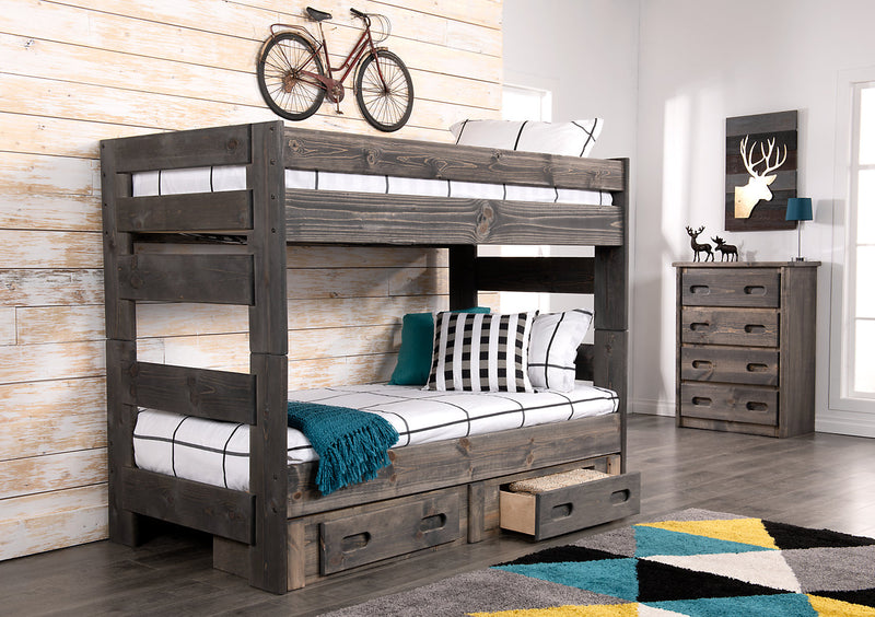 Lits superposés Piper en pin massif gris bois de grève avec garde-corps pour enfants - simple et simple
