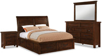  Ensemble de chambre à coucher Sonoma 6 pièces avec lit de rangement, commode, miroir et table de nuit, brun manguier - format très grand lit