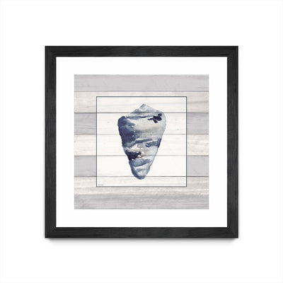 "Muted Blue Shell On Wood" Matted and Framed Black 30x30 Wall Art