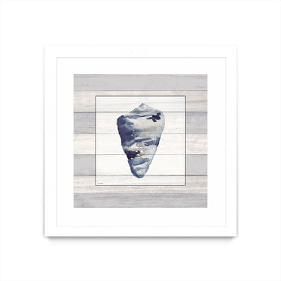 "Muted Blue Shell On Wood" Matted and Framed White 36x36 Wall Art