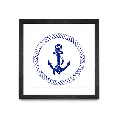 "Blue Nautical Circle I" Matted and Framed Black 30x30 Wall Art