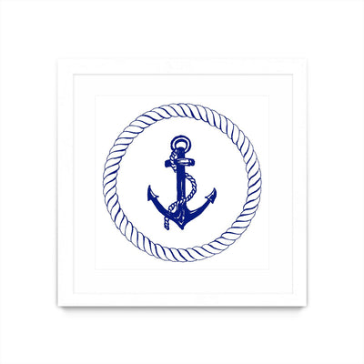 "Blue Nautical Circle I" Matted and Framed White 36x36 Wall Art