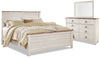 Ensemble de chambre à coucher Willowton 5 pièces avec lit, commode et miroir, blanchi - format très grand lit