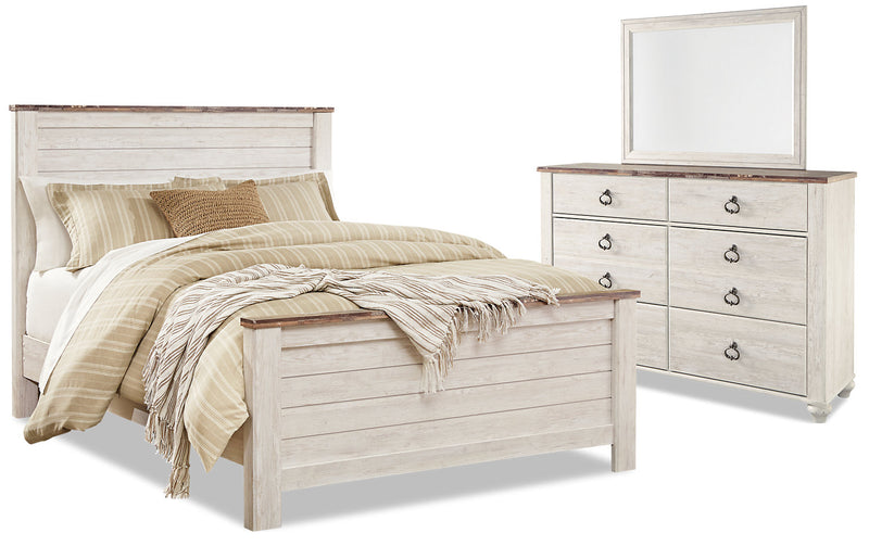 Ensemble de chambre à coucher Willowton 5 pièces avec lit, commode et miroir, blanchi - format grand lit