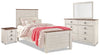Ensemble de chambre à coucher Willowton 6 pièces pour enfants avec lit, commode, miroir et table de nuit, blanchi - format lit simple