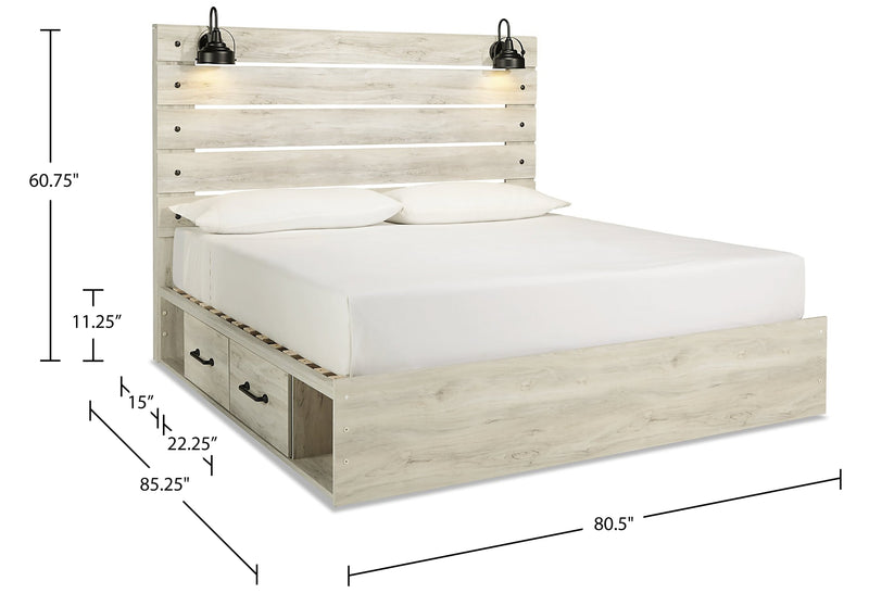 Lit plateforme de rangement latéral Abby avec éclairage à DEL et ports USB, blanc - format très grand lit