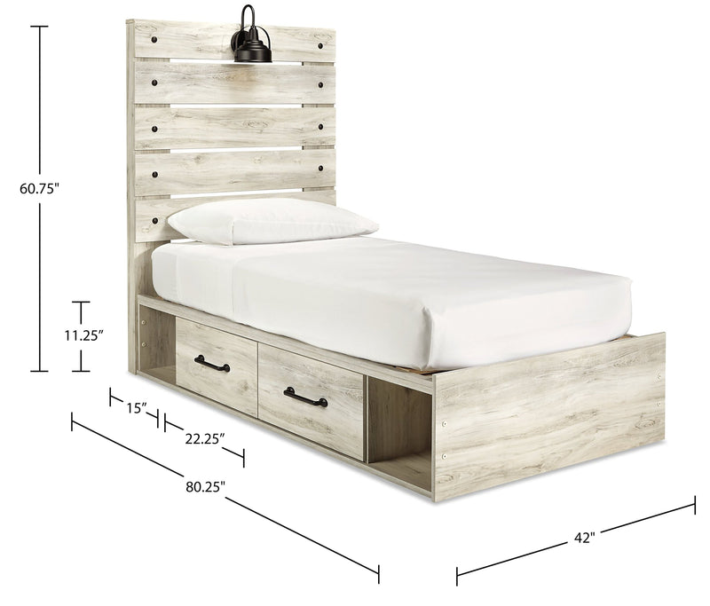 Lit Abby pour enfants avec rangement latéral, éclairage à DEL et ports USB, blanc - format lit simple