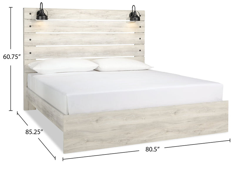 Lit à panneau Abby avec tête de lit, cadre, éclairage à DEL et port USB, blanc - format très grand lit