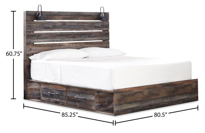 Ensemble de chambre à coucher Abby 5 pièces avec lit de rangement latéral, commode, miroir, lumière DEL et port USB, brun - format très grand lit