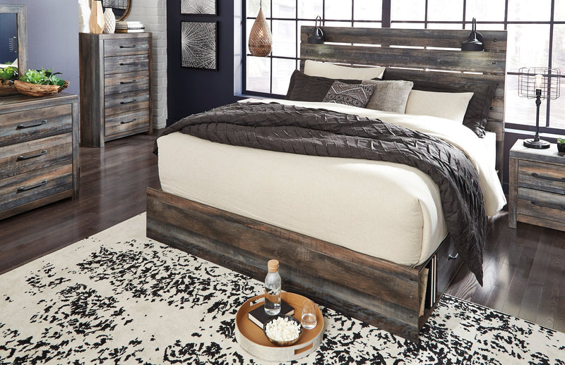 Ensemble de chambre à coucher Abby 5 pièces avec lit de rangement latéral, commode, miroir, lumière DEL et port USB, brun - format très grand lit