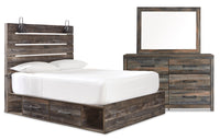  Ensemble de chambre à coucher Abby 5 pièces avec lit de rangement latéral, commode, miroir, lumière DEL et port USB, brun - format grand lit