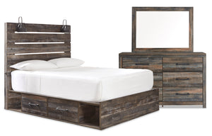 Ensemble de chambre à coucher Abby 5 pièces avec lit de rangement latéral, commode, miroir, lumière DEL et port USB, brun - format grand lit