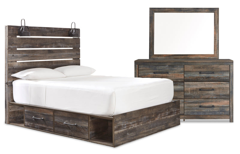 Ensemble de chambre à coucher Abby 5 pièces avec lit de rangement latéral, commode, miroir, lumière DEL et port USB, brun - format grand lit
