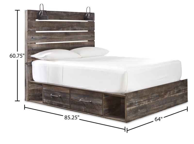 Ensemble de chambre à coucher Abby 5 pièces avec lit de rangement latéral, commode, miroir, lumière DEL et port USB, brun - format grand lit