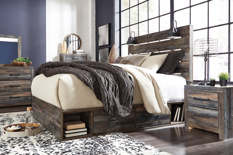 Ensemble de chambre à coucher Abby 5 pièces avec lit de rangement latéral, commode, miroir, lumière DEL et port USB, brun - format grand lit