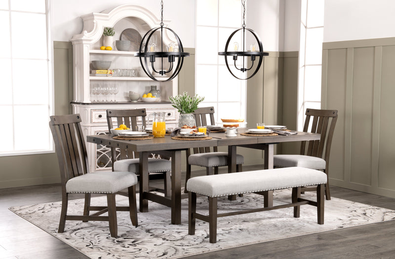 Ensemble de salle à manger Alto 6 pièces avec table, banc, rallonge de 65 po à 83 po (L), base à tréteaux et 4 chaises - gris