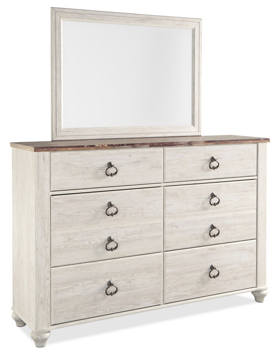 Ensemble de chambre à coucher Willowton 5 pièces pour enfants avec lit, commode et miroir, blanchi - format lit simple