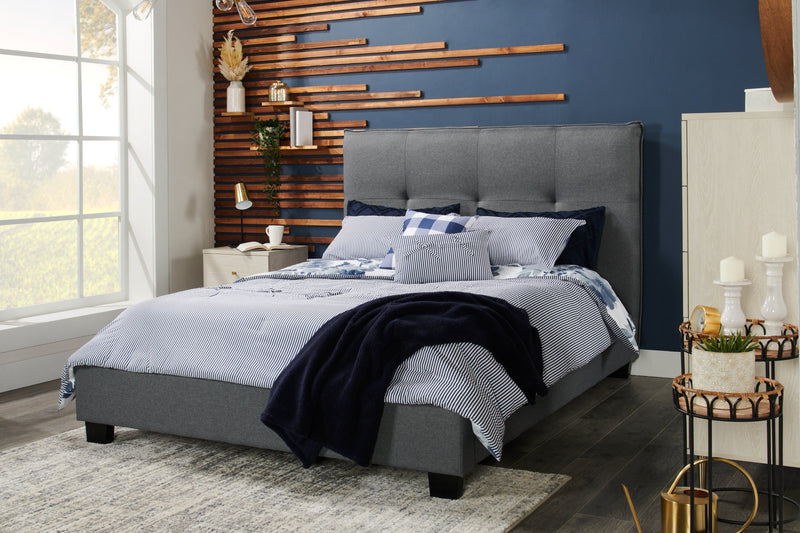 Lit plateforme rembourré Asha en tissu gris capitonné - format grand lit