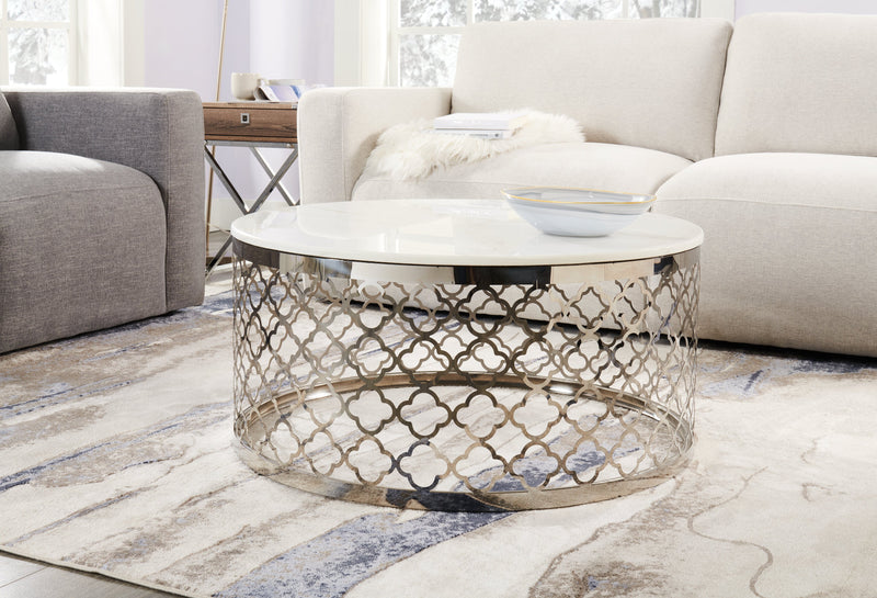 Table de salon ronde somptueuse Belle de 36 po - dessus en marbre blanc avec base en acier inoxydable