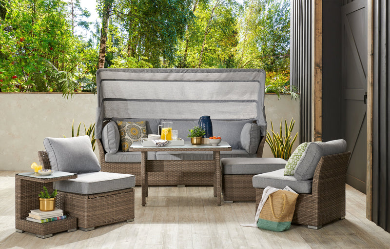 Ensemble de conversation Bermuda 6 pièces avec toit pour la terrasse à l’extérieur - osier en résine tressé à la main, résistant aux rayons UV et aux intempéries - gris