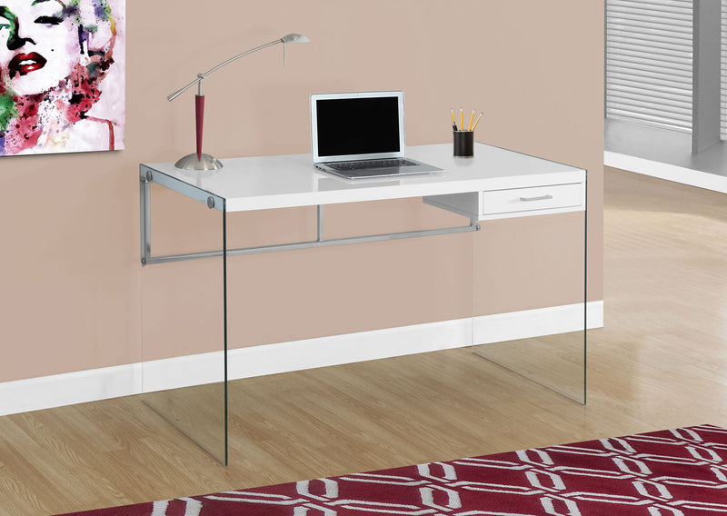 Bureau d’ordinateur Kylie de 48 po avec tiroir - blanc avec pattes en verre