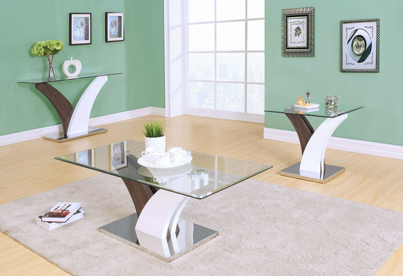 Table de bout moderne Tuxedo de 24 po avec dessus en verre - blanche et grise avec base en métal