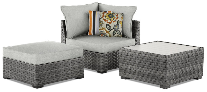 Ensemble Salem 3 pièces pour la terrasse avec table d'appoint, pouf carré et fauteuil de coin