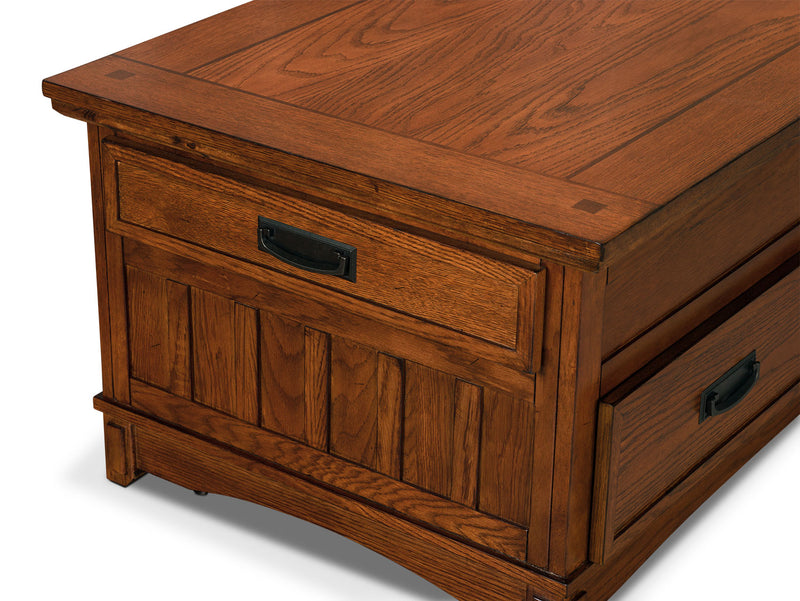 Table à café Cross Island avec dessus relevable et roulettes - chêne brun