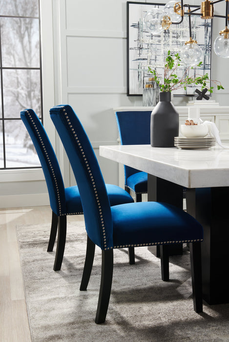 Ensemble de salle à manger Cami 5 pièces avec table de 70 po (L) avec dessus en marbre véritable et 4 chaises bleues 