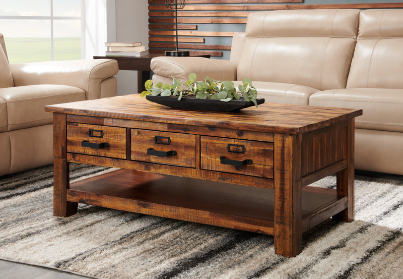 Table à café rustique Casey de 48 po avec rangement, tablette et roulettes - bois brun