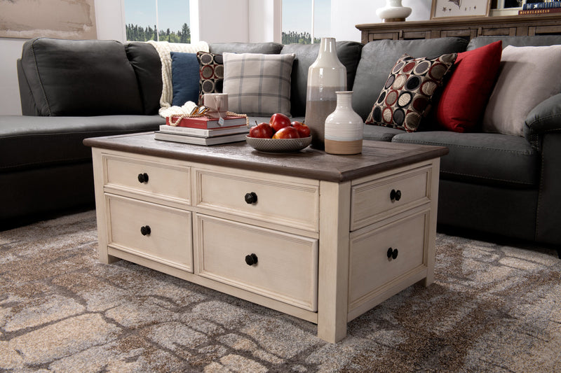 Table à café rustique Colby de 46 po avec dessus relevable, rangement et roulettes - bois deux teintes