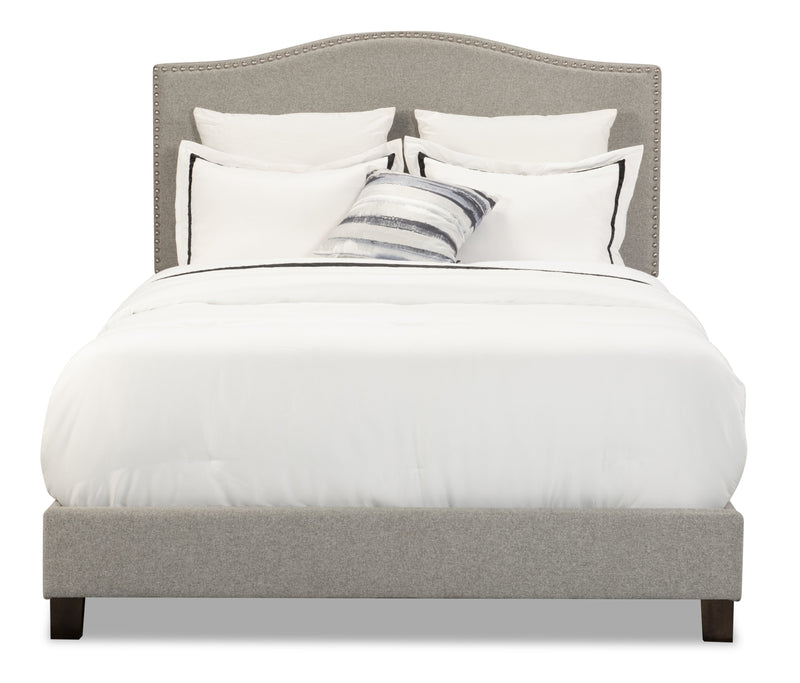 Lit plateforme rembourré Cove en tissu gris avec clous décoratifs - format grand lit