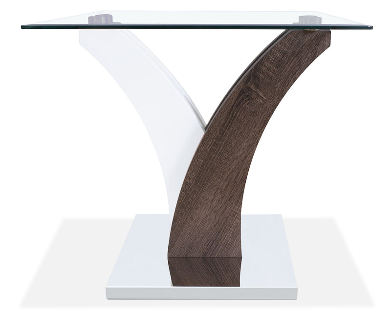 Table de bout moderne Tuxedo de 24 po avec dessus en verre - blanche et grise avec base en métal