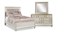  Ensemble de chambre à coucher Diva 5 pièces somptueux en cuir végétalien avec lit, commode et miroir, argenté - format grand lit