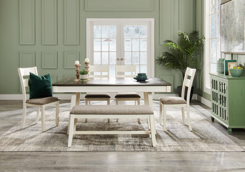 Ensemble de table de salle à manger Echo 6 pièces avec table de 70 po (L), tiroirs de rangement, base à tréteaux, banc et 4 chaises - blanc-gris