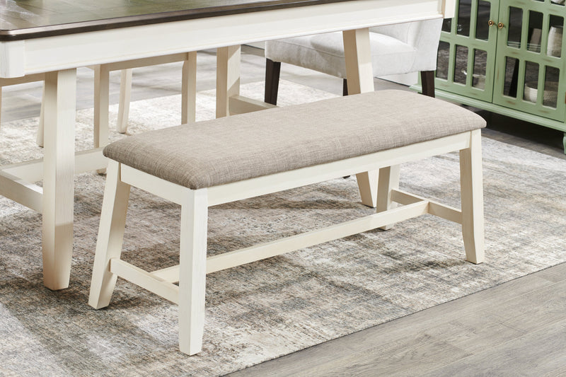 Ensemble de table de salle à manger Echo 6 pièces avec table de 70 po (L), tiroirs de rangement, base à tréteaux, banc et 4 chaises - blanc-gris