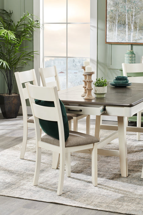 Ensemble de table salle à manger Echo 7 pièces avec table de 70 po (L), tiroirs de rangement, base à tréteaux et 6 chaises - blanc-gris