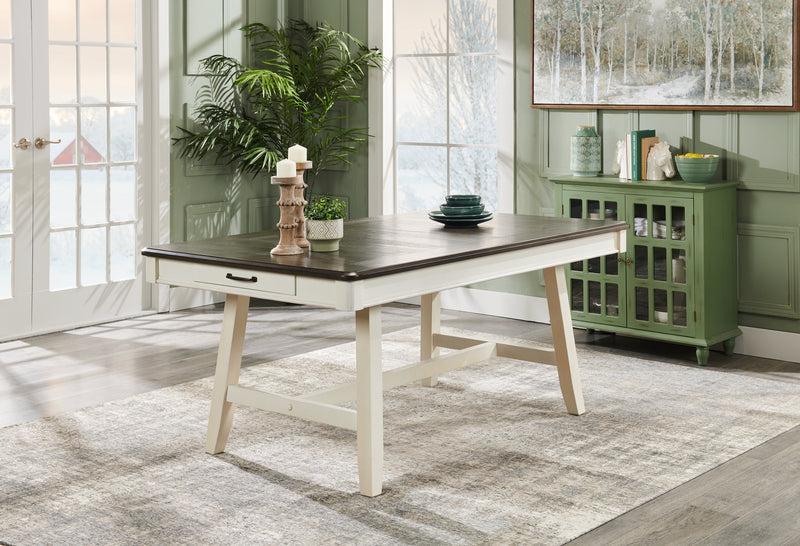 Ensemble de table salle à manger Echo 7 pièces avec table de 70 po (L), tiroirs de rangement, base à tréteaux et 6 chaises - blanc-gris